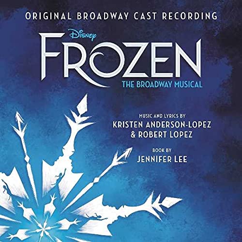Frozen: The Broadway Musical" CD cover with icy blue design and title.