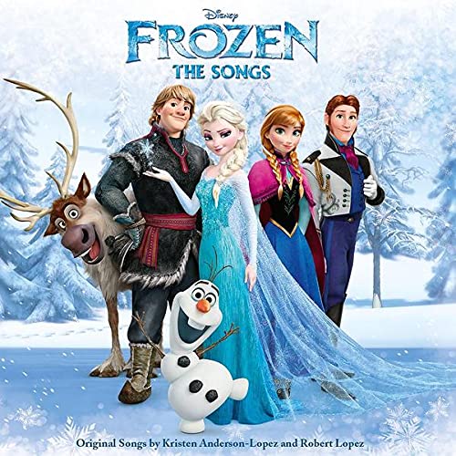 Frozen The Songs CD cover featuring Elsa, Anna, Kristoff, Sven, and Olaf in winter.