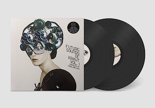 Vinyl record cover and two black vinyl discs featuring a surreal portrait illustration.