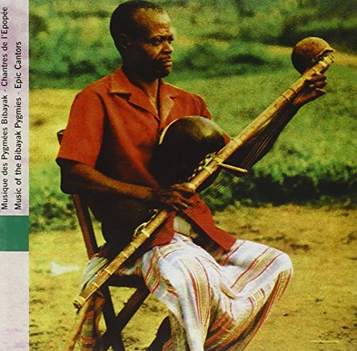 Man playing a long-necked lute-like instrument, CD cover for Gabonese pygmy music.