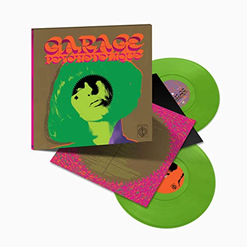 Vinyl record with colorful cover art and two lime green discs.
