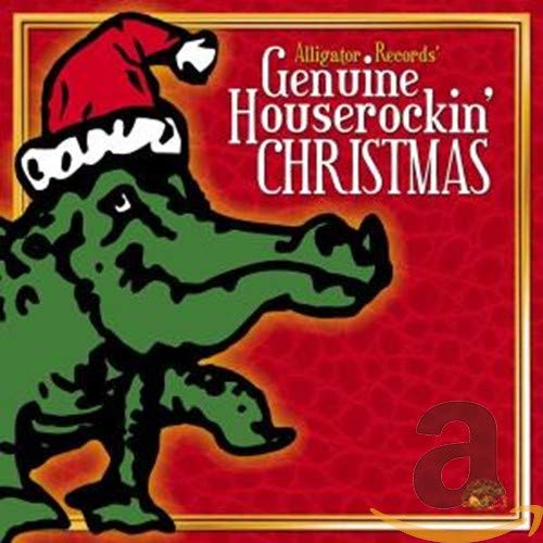 A green alligator wearing a Santa hat on a red background with text.