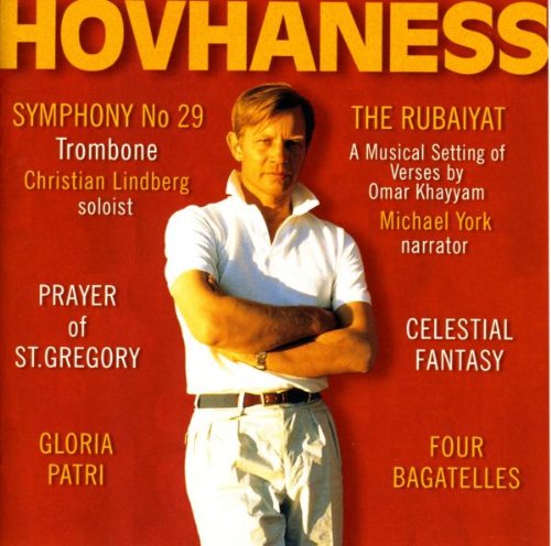 Red CD cover with man in white shirt, listing musical compositions by Hovhaness.