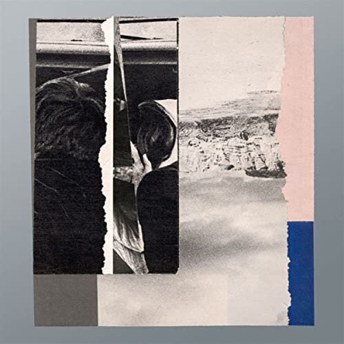 Abstract collage featuring torn paper strips, black and white figures, and a rocky landscape.
