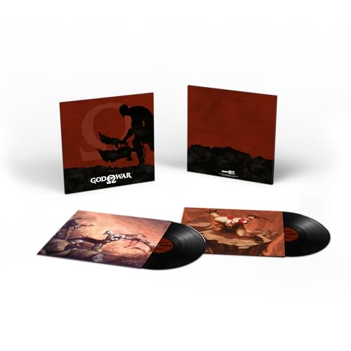God of War vinyl soundtrack set featuring two black records and illustrated album covers.
