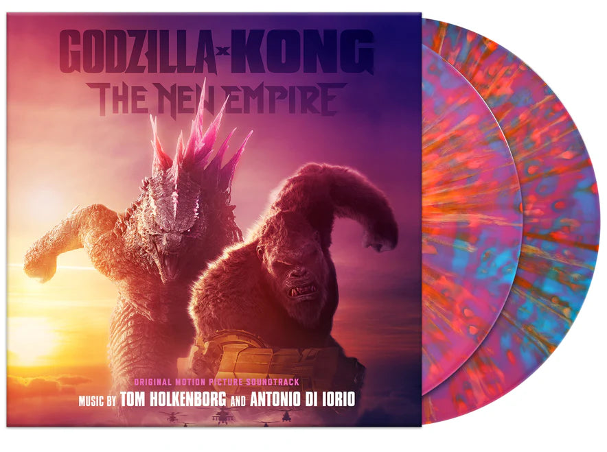 Godzilla and Kong on a vinyl record cover with colorful, marbled splatter-patterned discs.