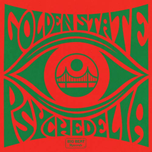 Red square with green psychedelic eye and Golden Gate Bridge image.