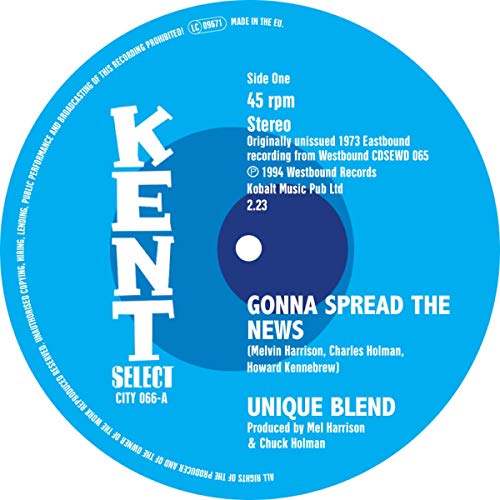 Blue vinyl record label with "Gonna Spread The News" text and Kent logo.