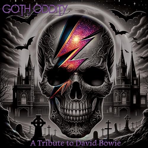 Skull with Bowie’s lightning bolt makeup, gothic castle, and bats.