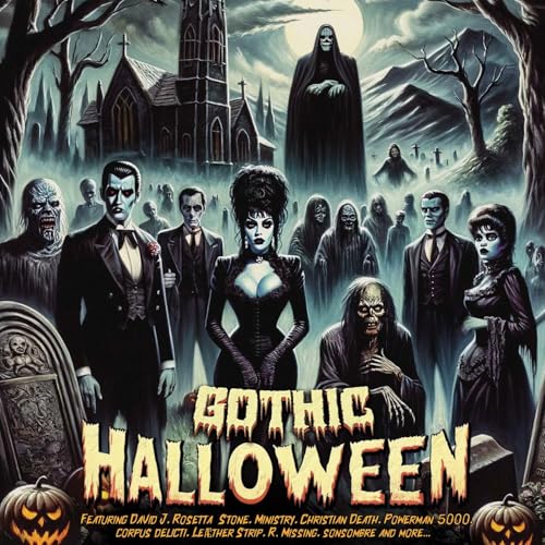 Gothic Halloween album cover featuring classic horror movie characters in a graveyard.
