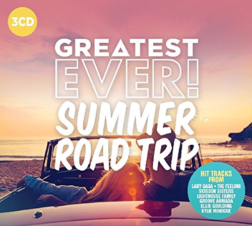 CD cover with beach scene, text “Greatest Ever Summer Road Trip”, and artists listed.