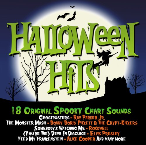 CD cover for "Halloween Hits" with spooky lettering, bats, and a witch silhouette.