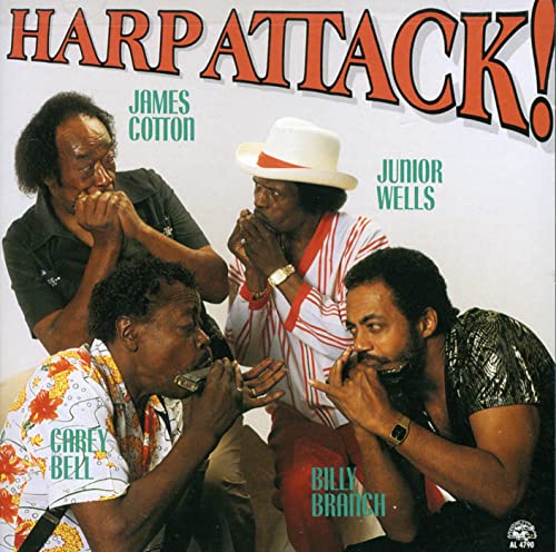 Four men playing harmonicas on the Harp Attack album cover.