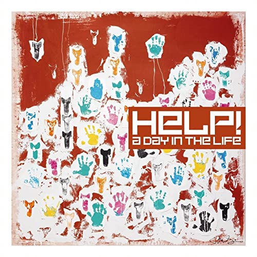 Album cover with colorful handprints on a red and white background, titled Help!
