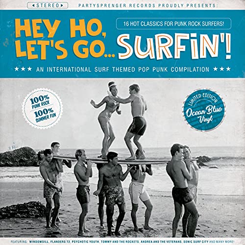 CD cover: beach scene with surfers, text "Hey Ho, Let's Go... Surfin'!".