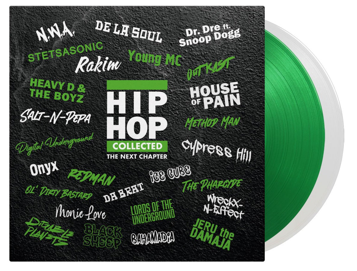 Vinyl record cover with green marbled disc and artist names in white text.