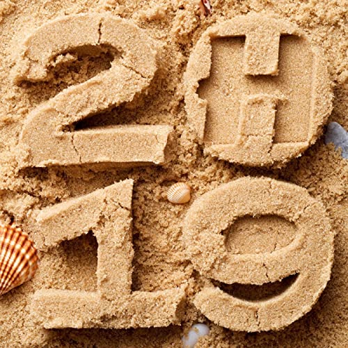 Numbers "2019" and letter "H" imprinted in tan sand with seashells.