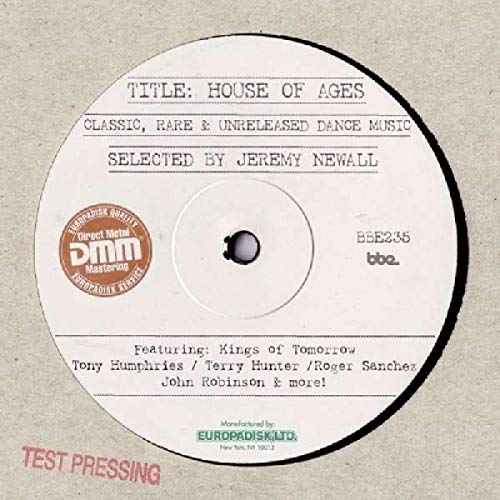 Vinyl record with a white label and a yellow sticker featuring a barcode.