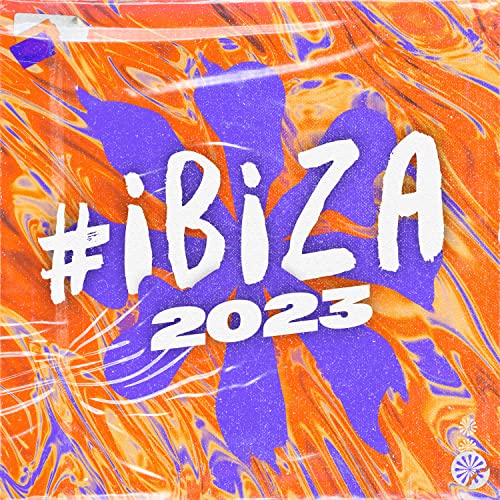 CD cover for "#Ibiza 2023" with purple text on orange, fluid background.