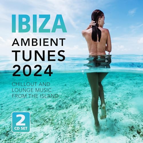 A woman stands in clear turquoise water with text overlay reading Ibiza Ambient Tunes 2024.