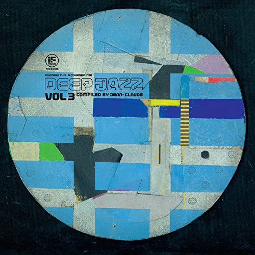 Circular vinyl record with abstract blue, black, and white geometric design.