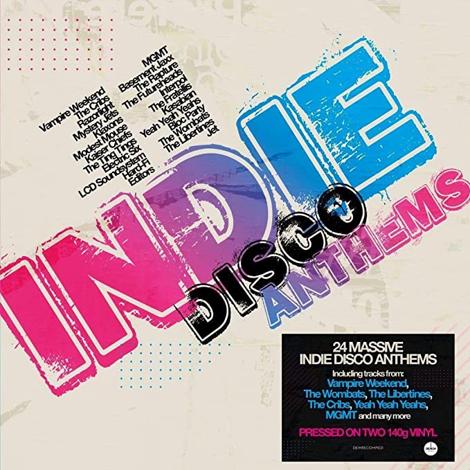 Indie Disco Anthems" vinyl record cover with artist names in colorful text.