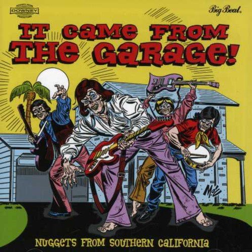 "Album cover art featuring cartoon musicians playing instruments outside a garage, yellow background."