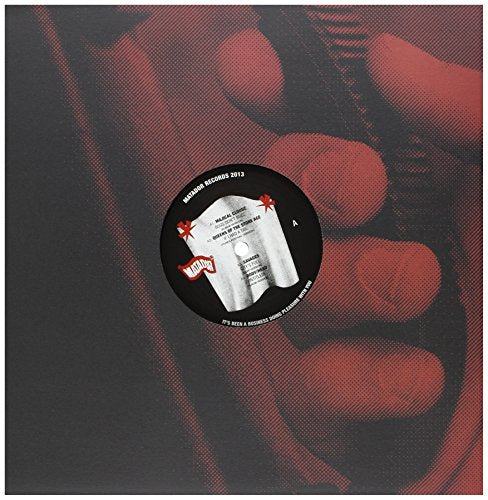 Vinyl record with red and black halftone pattern, white label, and text.