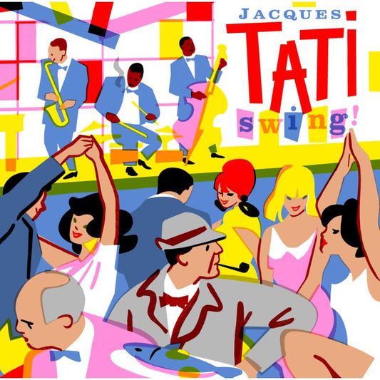 Colorful illustration of a jazz band playing for a crowd of dancing people.