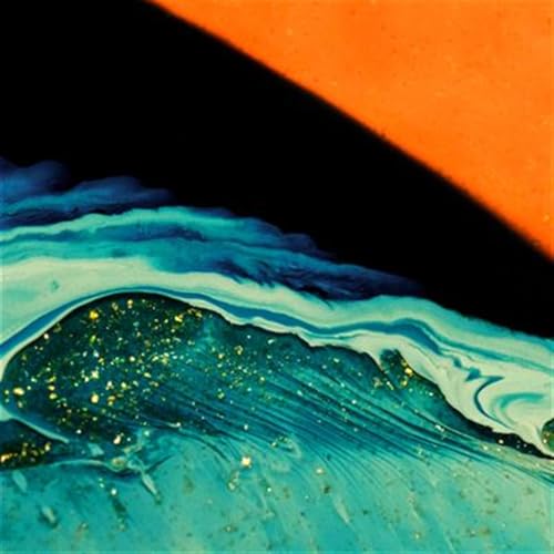 Abstract marbled vinyl record cover with swirling blue, gold, and orange.
