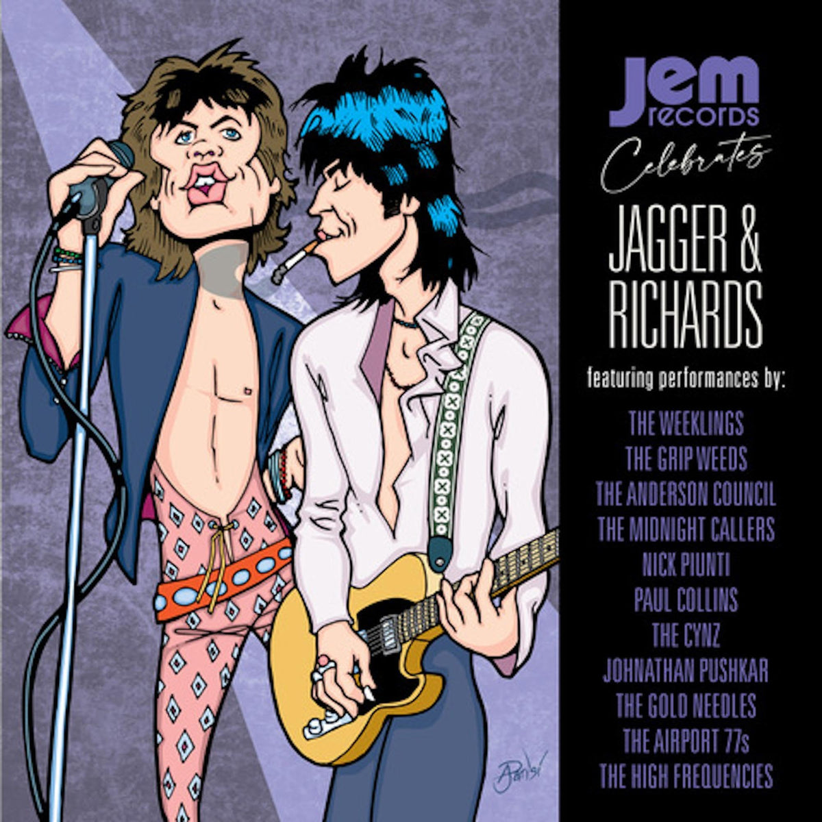Cartoon image of Mick Jagger and Keith Richards with band names listed.