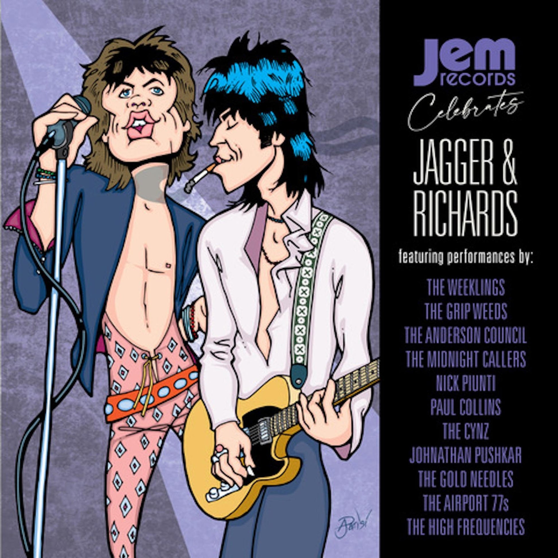 Cartoon image of Mick Jagger and Keith Richards with band names listed.