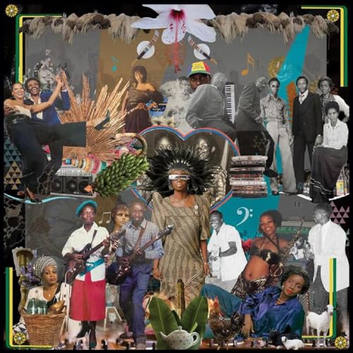 Collage of musicians and people, vibrant colors, vintage style album cover.