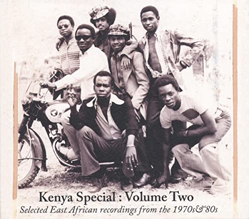 Vintage photo of a band with a motorcycle, album cover for “Kenya Special.”