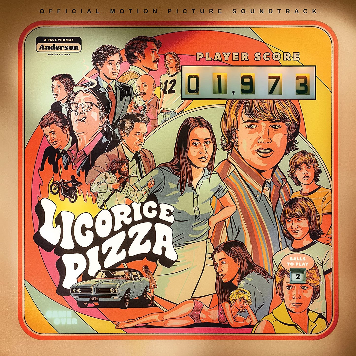“Licorice Pizza” soundtrack CD cover with illustrated film characters and score.