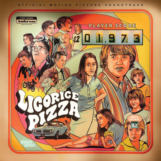 “Licorice Pizza” soundtrack CD cover with illustrated film characters and score.