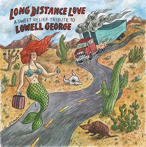 CD cover: mermaid hitchhiking on a desert highway with trucks.