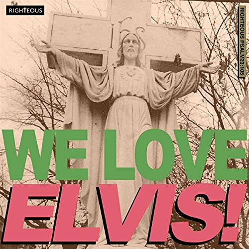 Sepia-toned statue of Jesus with arms outstretched, overlaid with green and pink text.
