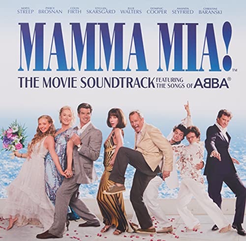 Mamma Mia!" movie soundtrack vinyl cover with cast photos and blue ocean backdrop.
