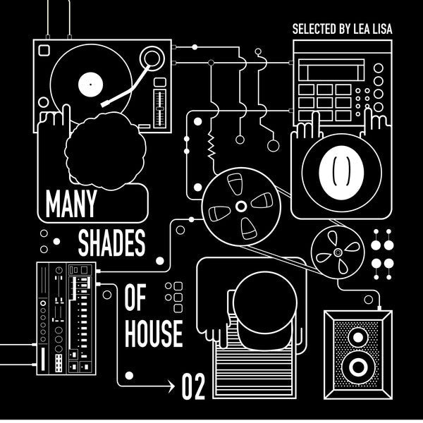 Black and white line art of vintage audio equipment, text "Many Shades of House".