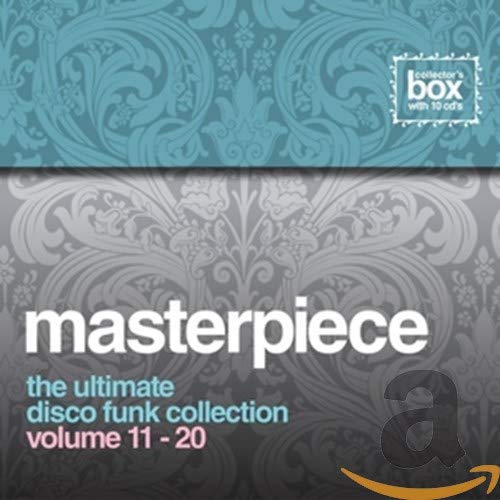 CD box set cover with "masterpiece" text and grey and blue damask patterns.