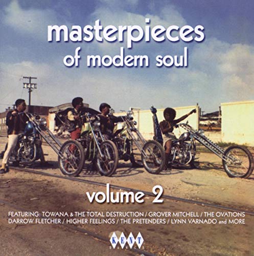 Four men on motorcycles in a desert landscape, album cover for Masterpieces of Modern Soul.