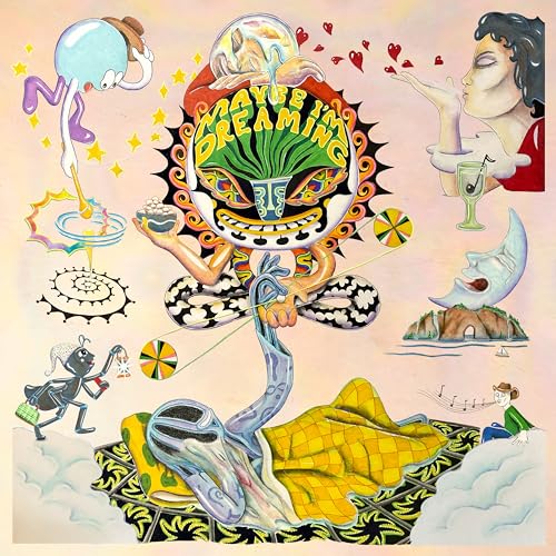 Surreal album cover with floating objects, a figure, and text “Maybe I’m Dreaming”.