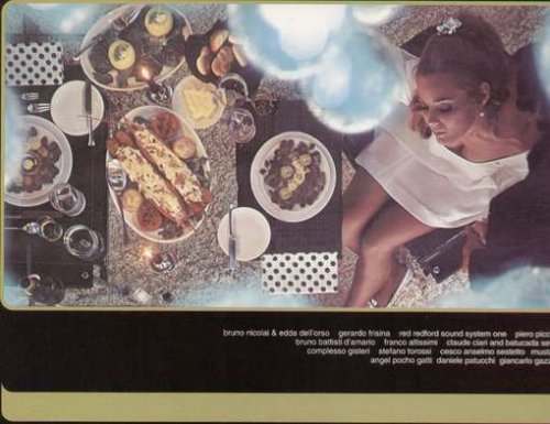 Vinyl record cover with a woman and a lavishly set dinner table.