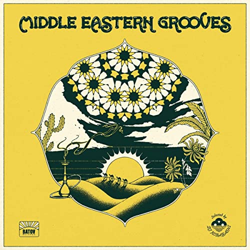 Vinyl record cover with desert landscape, ornate floral design, and hookah.