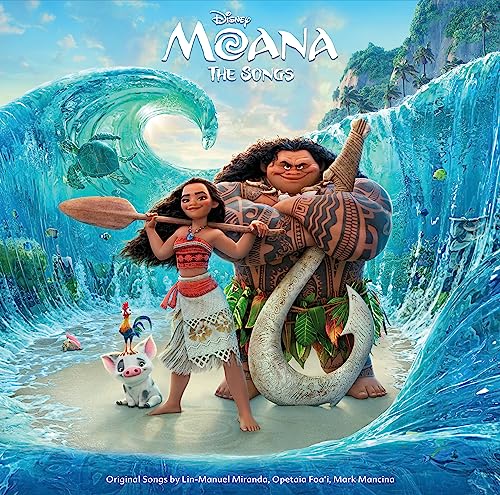 Moana and Maui on vibrant ocean waves, album cover art.