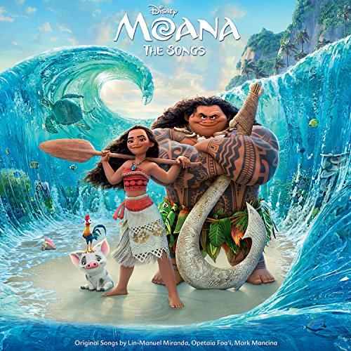 Moana and Maui stand on a beach with ocean waves and animals.
