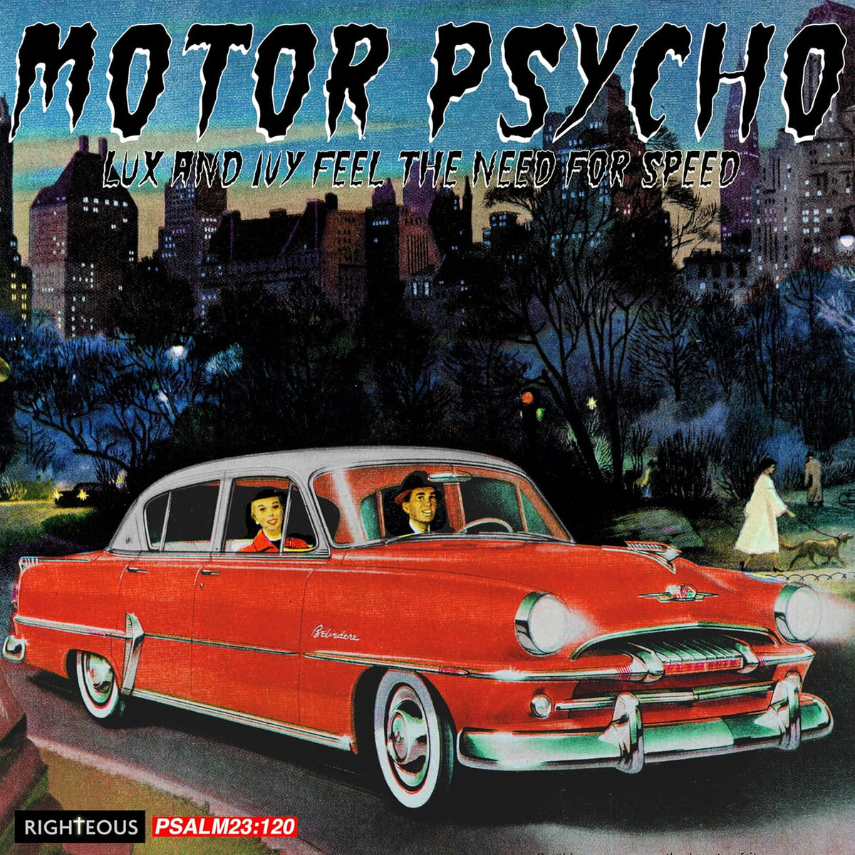 Red 1950s car with people inside, nighttime city background.