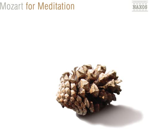 A pinecone sits on a white background with the text Mozart for Meditation above.
