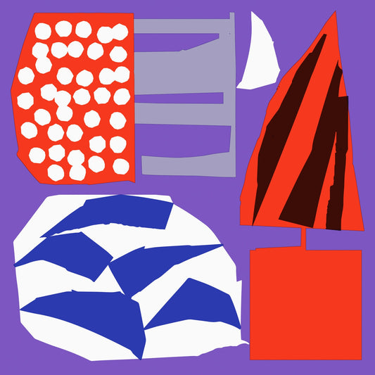 Abstract colorful shapes on a purple background, CD cover art.